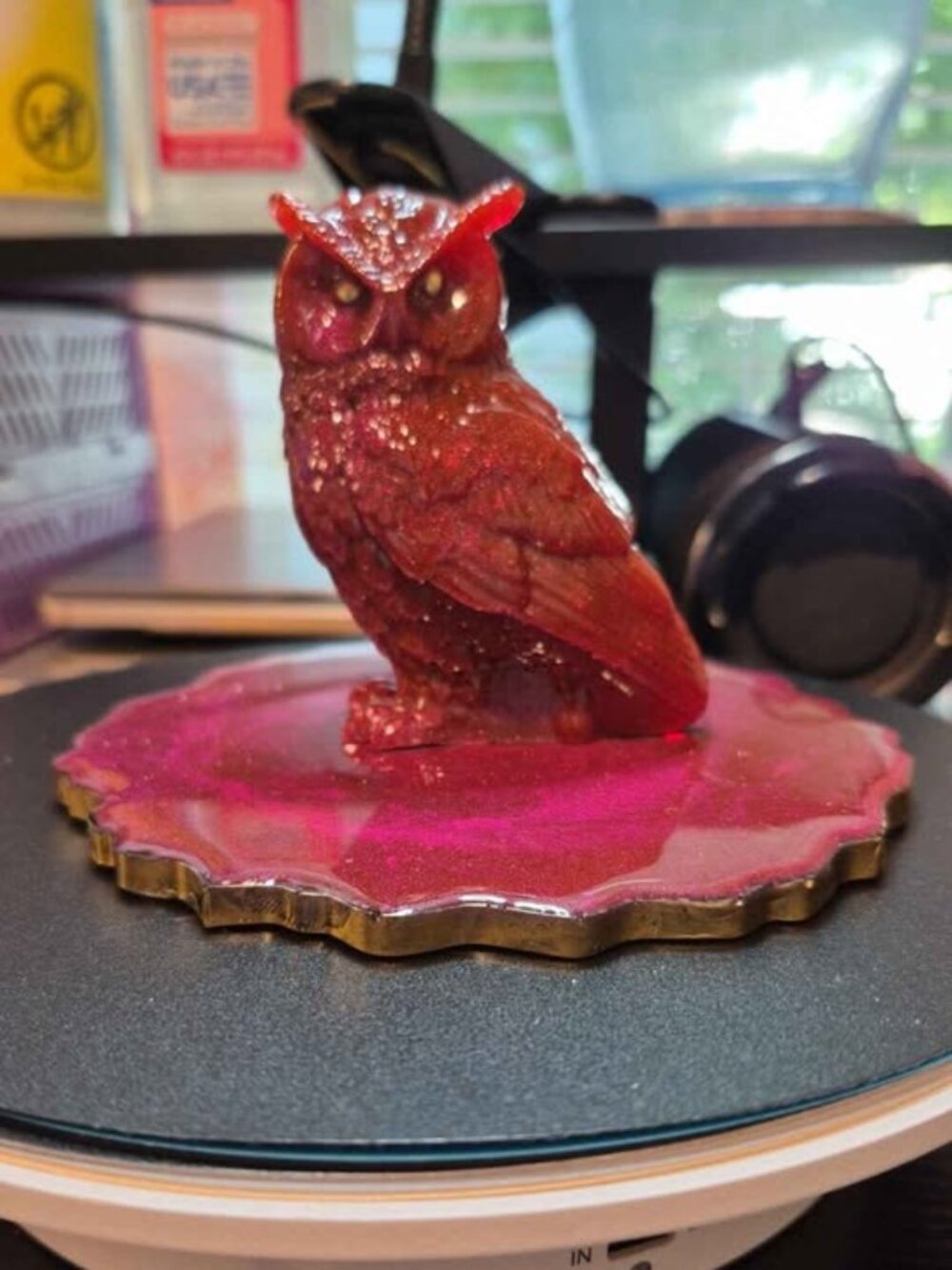 Handmade Resin Owl Figurine (3 1/2" tall) and Coaster Set